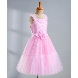 Pine Kids Mesh Woven Sleeveless Party Dress With Sequin Detailing & Floral Applique - Light Pink