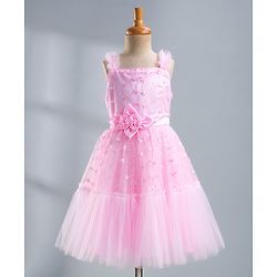 Pine Kids Mesh Woven Sleeveless Party Dress With Sequin Detailing & Floral Applique - Light Pink
