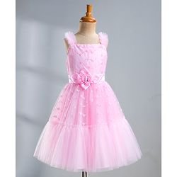 Pine Kids Mesh Woven Sleeveless Party Dress With Sequin Detailing & Floral Applique - Light Pink