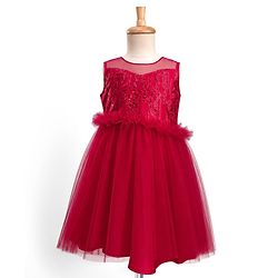 Pine Kids Mesh Woven Sleeveless Party Dress With Sequin Detailing - Dark Pink
