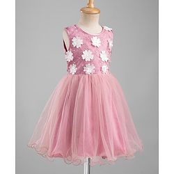 Pine Kids Mesh Woven Sleeveless Party Dress With Floral Applique & Embroidery - Pink & White