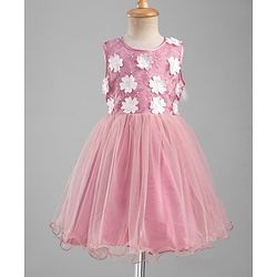 Pine Kids Mesh Woven Sleeveless Party Dress With Floral Applique & Embroidery - Pink & White