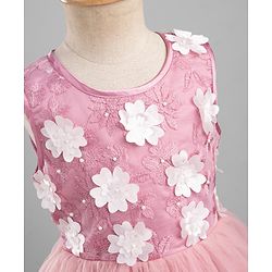 Pine Kids Mesh Woven Sleeveless Party Dress With Floral Applique & Embroidery - Pink & White