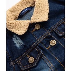 Pine Kids 100% Cotton Woven Full Sleeves Washed Denim Jacket With Fur Collar - Blue