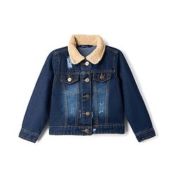Pine Kids 100% Cotton Woven Full Sleeves Washed Denim Jacket With Fur Collar - Blue