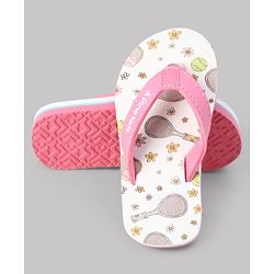 Pine Kids Slip On Flip Flops With Racket & Floral Print - Pink & White