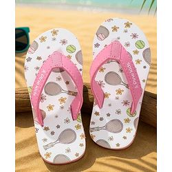 Pine Kids Slip On Flip Flops With Racket & Floral Print - Pink & White