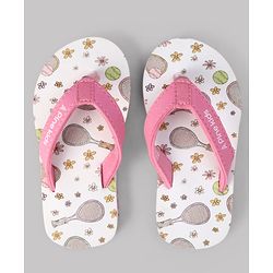 Pine Kids Slip On Flip Flops With Racket & Floral Print - Pink & White