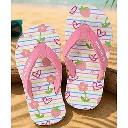 Pine Kids Slip On Flip Flops With Floral Print - Pink & White