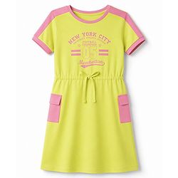 Pine Kids Cotton Knit Dress with Short Sleeves and New York City Print in Limegreen for 4-5 Years