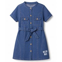 Pine Kids Cotton Woven Half Sleeves Shirt Dress with New Me Print - Navy Blue