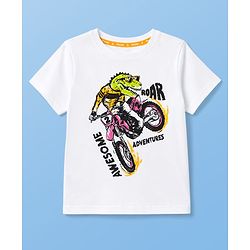 Pine Kids Cotton Knit Half Sleeves T-Shirt with Roar Awesome Adventures Print -White