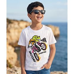 Pine Kids Cotton Knit Half Sleeves T-Shirt with Roar Awesome Adventures Print -White