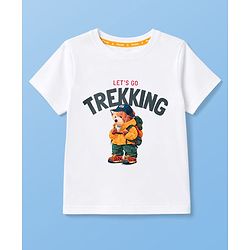 Pine Kids Cotton Knit Half Sleeves T-Shirt with Bear & Let' Go Trekking Print - White