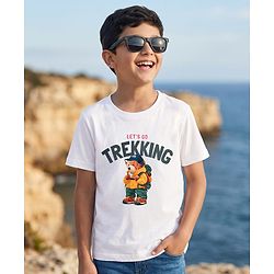 Pine Kids Cotton Knit Half Sleeves T-Shirt with Bear & Let' Go Trekking Print - White