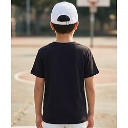 Pine Kids Cotton Knit Half Sleeves T-Shirt with Bear & Text Print - Black