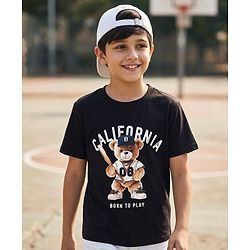 Pine Kids Cotton Knit Half Sleeves T-Shirt with Bear & Text Print - Black