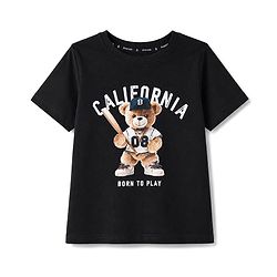 Pine Kids Cotton Knit Half Sleeves T-Shirt with Bear & Text Print - Black