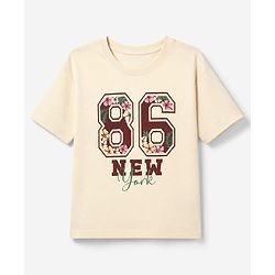 Pine Kids 100% Cotton Knit T-Shirt with Half Drop Shoulder Sleeves and 86 New York Floral Print - Off White