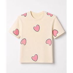 Pine Kids 100% Cotton Knit T-Shirt with Half Sleeves and Hearts Print - Cream