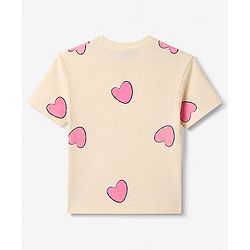 Pine Kids 100% Cotton Knit T-Shirt with Half Sleeves and Hearts Print - Cream