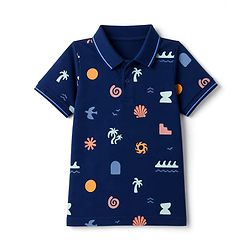 Pine Kids Cotton Knit Half Sleeves Polo T-Shirt with Beach Theme Print - Navy Blue