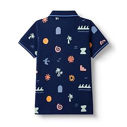 Pine Kids Cotton Knit Half Sleeves Polo T-Shirt with Beach Theme Print - Navy Blue