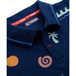 Pine Kids Cotton Knit Half Sleeves Polo T-Shirt with Beach Theme Print - Navy Blue