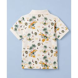 Pine Kids Cotton Knit  Half Sleeves  Polo T-Shirt with Beach Theme Print - White