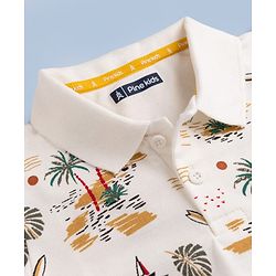 Pine Kids Cotton Knit  Half Sleeves  Polo T-Shirt with Beach Theme Print - White