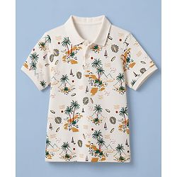Pine Kids Cotton Knit  Half Sleeves  Polo T-Shirt with Beach Theme Print - White
