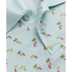 Pine Kids Cotton Knit Half Sleeves Polo T-Shirt with Tropical Print - Mint