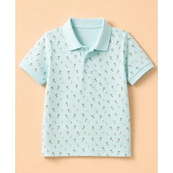 Pine Kids Cotton Knit Half Sleeves Polo T-Shirt with Tropical Print - Mint