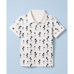 Pine Kids Cotton Knit Half Sleeves Polo T-Shirt with Tropical Print -  Offwhite