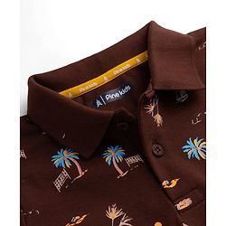Pine Kids Cotton Knit Half Sleeves Polo T-Shirt with Tropical Theme Print - Brown