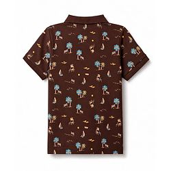 Pine Kids Cotton Knit Half Sleeves Polo T-Shirt with Tropical Theme Print - Brown