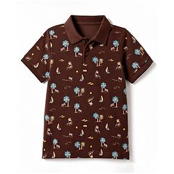 Pine Kids Cotton Knit Half Sleeves Polo T-Shirt with Tropical Theme Print - Brown