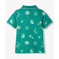 Pine Kids Cotton Knit Polo T-Shirt with Half Sleeves and Tropical Theme Print in Green