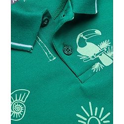 Pine Kids Cotton Knit Polo T-Shirt with Half Sleeves and Tropical Theme Print in Green