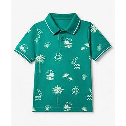 Pine Kids Cotton Knit Polo T-Shirt with Half Sleeves and Tropical Theme Print in Green