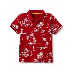 Pine Kids Cotton Knit Half Sleeves Polo T-Shirt with Tropical Theme Print - Red