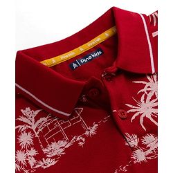 Pine Kids Cotton Knit Half Sleeves Polo T-Shirt with Tropical Theme Print - Red