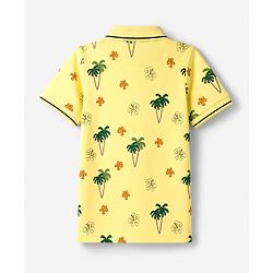 Pine Kids Cotton Knit Half Sleeves Polo T-Shirt with Tropical Print - Yellow