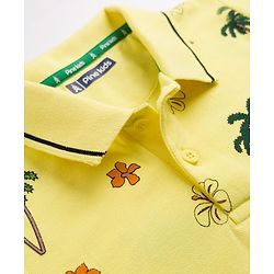 Pine Kids Cotton Knit Half Sleeves Polo T-Shirt with Tropical Print - Yellow