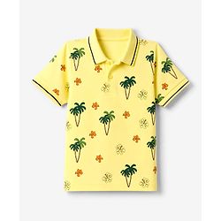 Pine Kids Cotton Knit Half Sleeves Polo T-Shirt with Tropical Print - Yellow