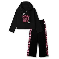 Pine Kids Cotton Looper Knit Full Sleeves Text Printed Hooded Top & Pant Set - Black