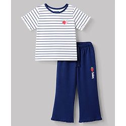 Pine Kids Cotton Knit Half Sleeves  Striped T-Shirt & Pyjama Night Suit - White