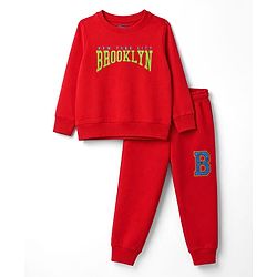 Pine Kids 100% Cotton Knit Full Sleeves Text Printed Winter Wear Set - Red