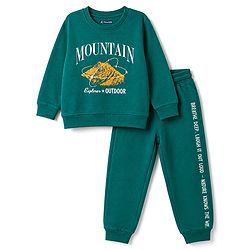 Pine Kids 100% Cotton Knit Full Sleeves Text Printed Winter Wear Set - Green