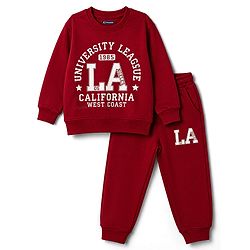 Pine Kids Looper Knit Full Sleeves Text Printed T-Shirt & Lounge Pant Set -  Maroon